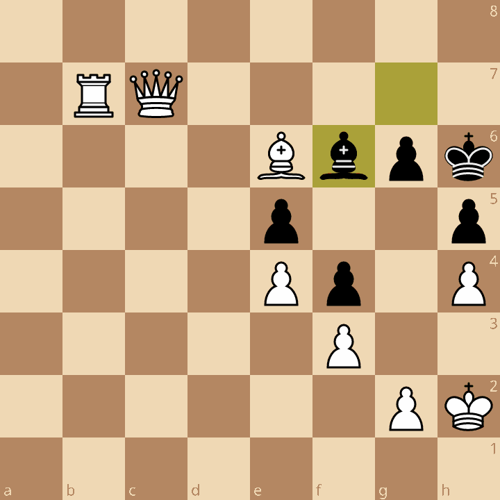 A chess position diagram. White can do checkmate in one move. The FEN for this position is 8/1RQ5/4Bbpk/4p2p/4Pp1P/5P2/6PK/8 w - - 3 79