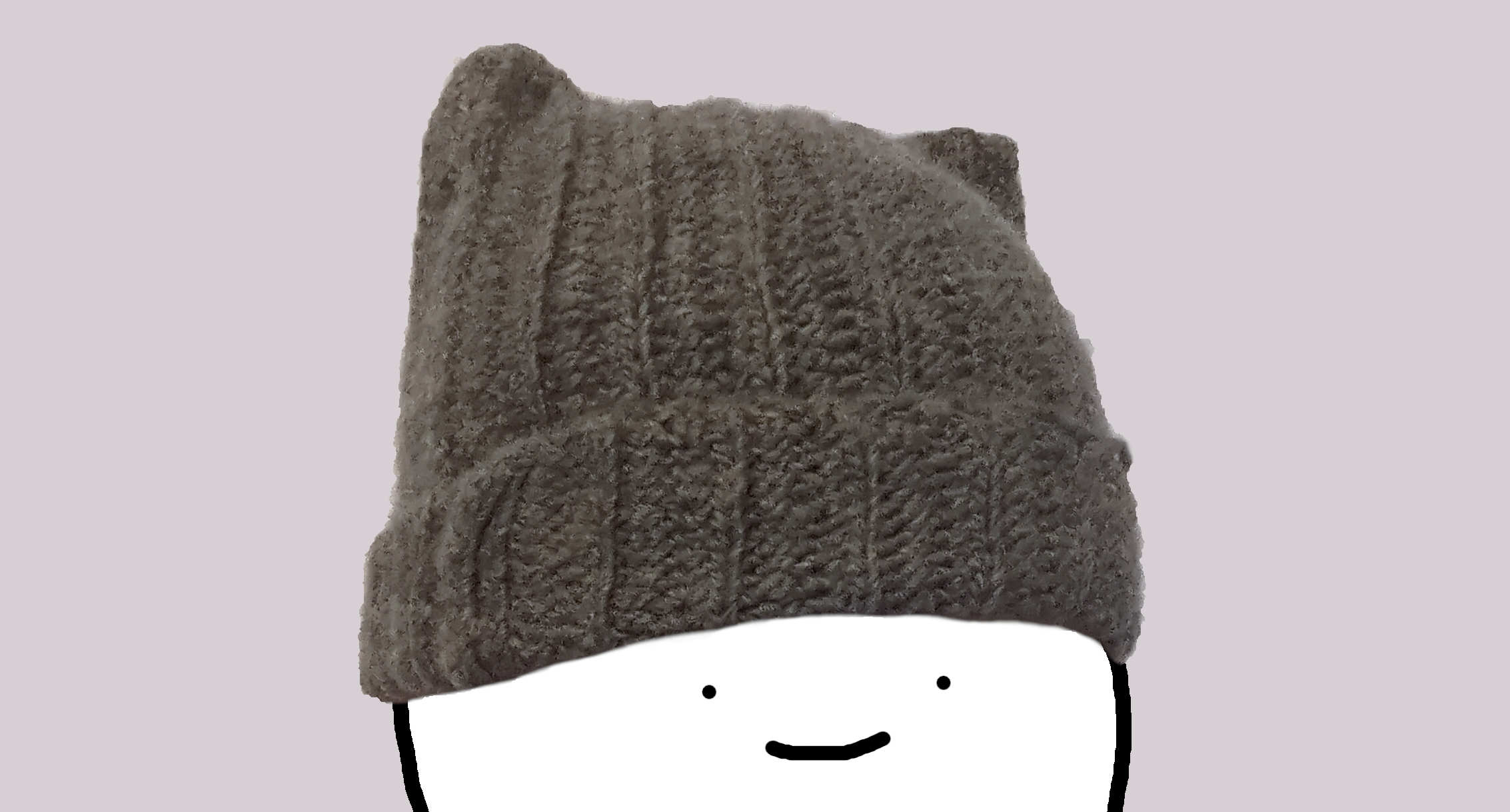 A crochet beanie with dog ears, worn by a cartoon face