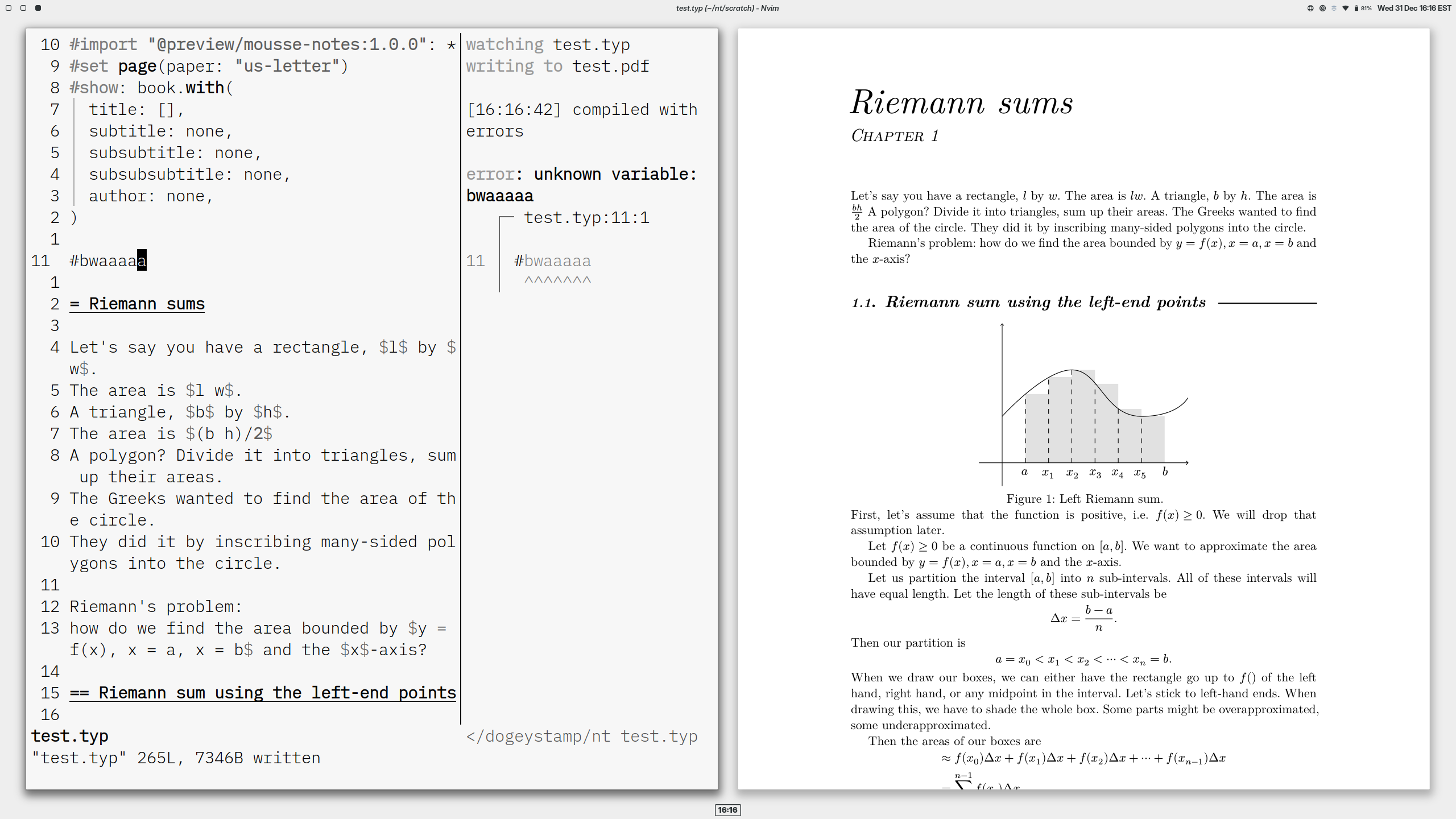 Screenshot with the Neovim window on the left showing an error from typst output, and Zathura on the right.